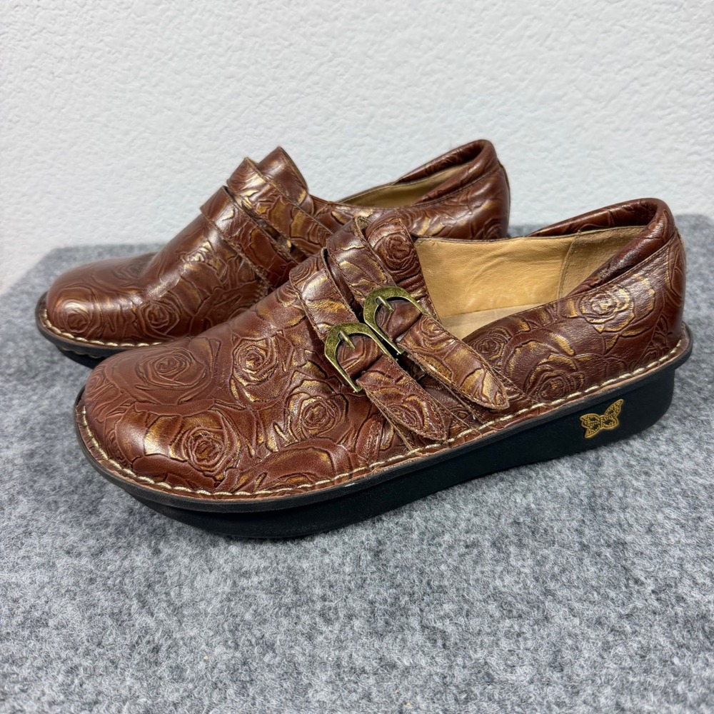 Alegria ALL-572 Paloma Clog Women 41 M Brown Embossed Leather Rose Floral EUC